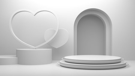 Minimal heart shapes background mock up podium. Pedestal scene with for product platform. 3d renderingの写真素材