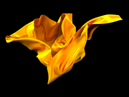 Golden wavy silk satin cloth flying. 3d renderingの写真素材