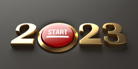 New year 2023 push start button. 3d rendering