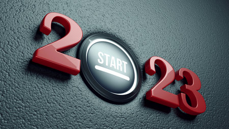 New year 2023 push start button. 3d renderingの写真素材