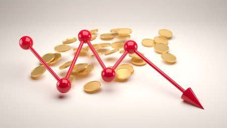 Decreasing arrow and golden coins heap. Crisis, money and loss concept. 3d renderingの写真素材