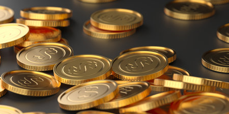 Heap of golden dollar currency coins. business concept. 3d rendering