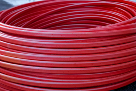 Twisted rubber red hose coiled. Household goods.の写真素材