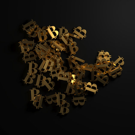 Scattered bitcoin symbols. Cryptocurrency mining concept. 3d renderingの写真素材