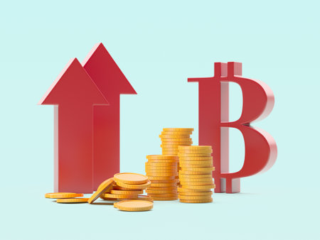 Bitcoin cryptocurrencies and red up arrow. Prices grow up concept. 3d renderingの写真素材