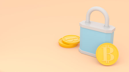 padock with bitcoin. Cryptocurrency protection concept. Cryptocurrency mining, blockchain technology. 3d renderingの写真素材