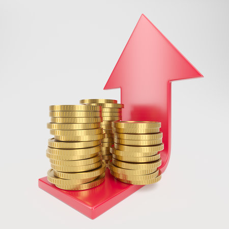 Golden coins with growing arrow up. Finance income success concept. 3d renderingの写真素材