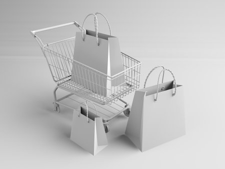 Shopping cart or trolley with paper bags. 3d renderingの写真素材