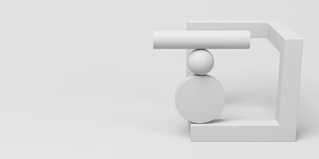 Geometric shapes in impossible balance. Backdrop design for product promotion. 3d renderingの写真素材
