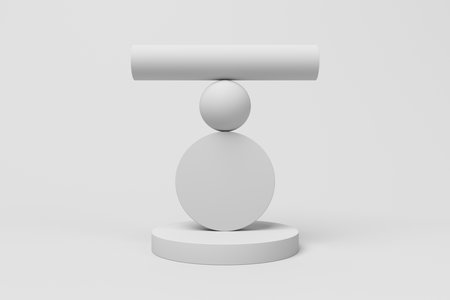 Geometric shapes in impossible balance. Backdrop design for product promotion. 3d renderingの写真素材