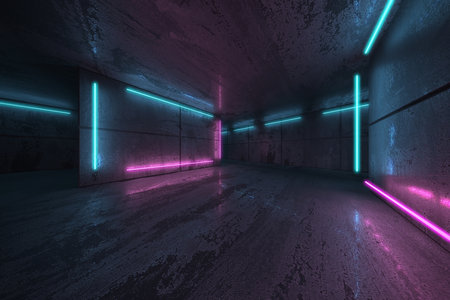 Neon and neon beams in the dark room. Futuristic Sci Fi glowing lights. 3d renderingの写真素材