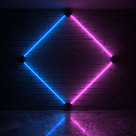 Purple and Blue Neon Lights on Dark Brick Wall. 3d renderingの写真素材