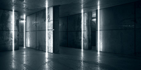 Neon and neon beams in the dark room. Futuristic Sci Fi glowing lights. 3d renderingの写真素材