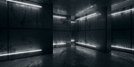 Neon and neon beams in the dark room. Futuristic Sci Fi glowing lights. 3d renderingの写真素材