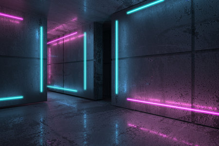 Neon and blue neon beams in dark room. Futuristic Sci-Fi modern interior with lights stripes. 3d renderingの写真素材