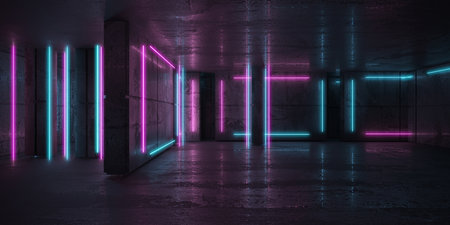 Neon and neon beams in the dark room. Futuristic Sci Fi glowing lights. 3d renderingの写真素材