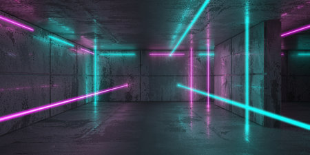 Neon and neon beams in the dark room. Futuristic Sci Fi glowing lights. 3d renderingの写真素材