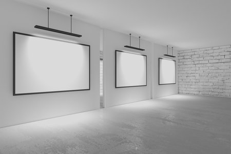 Gallery room with blank pictures. Abstract empty interior. 3d renderingの写真素材