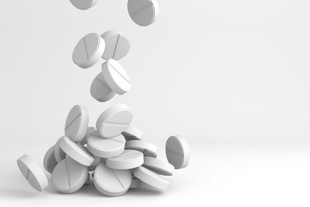 Different medicine tablets antibiotic pills. Multicolor tablets and pills capsules. 3d renderingの写真素材