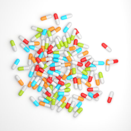 Different medicines on the surface. Assorted pharmaceutical pills. 3d renderingの写真素材