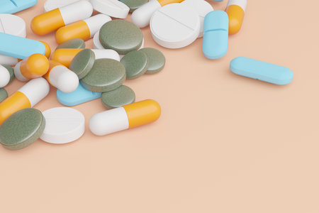 Different medicines on the surface. Assorted pharmaceutical pills. 3d renderingの写真素材