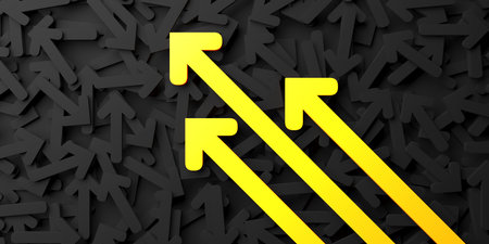 Progress way and forward achievement. Arrows group. 3d rendering