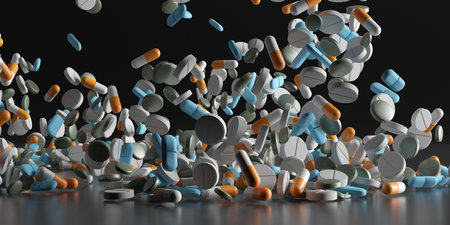Different medicines on the surface. Assorted pharmaceutical pills. 3d renderingの写真素材