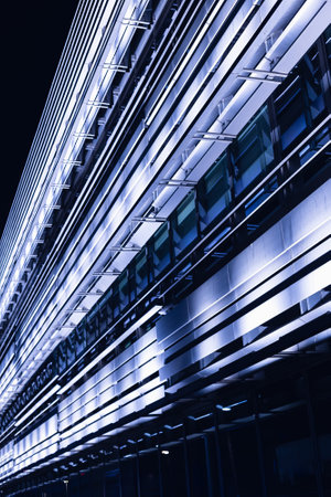 Neon Light Building at Night. glass architectureの写真素材