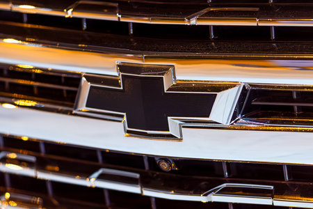 Istanbul, Turkey - August 9, 2023: close up logo of Chevrolet on front grill. Trademark of General Motors (GM)のeditorial素材