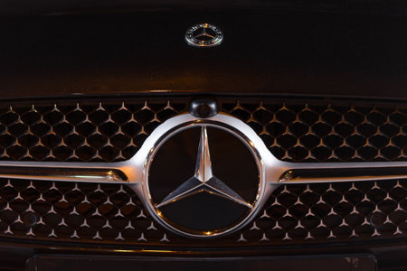 Istanbul, Turkey - August 9, 2023: Mercedes Benz luxury chromium grille with Benz star logo. german...