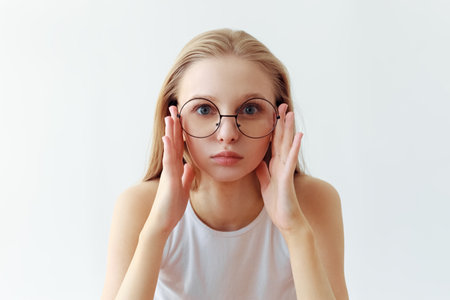 Funny student girl portrait on white background. Grimacing emotion model. Studio portraitの写真素材