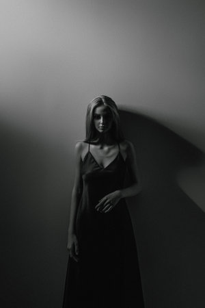 Young blonde girl in elegant black dress. Fashion portrait of attractive modelの写真素材