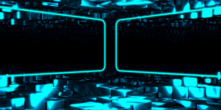 Geometric mock up design glowing neon lights.. Exhibition background. 3d renderingの写真素材