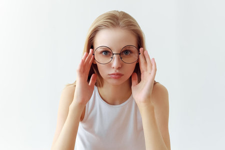 Funny student girl portrait on white background. Grimacing emotion model. Studio portraitの写真素材