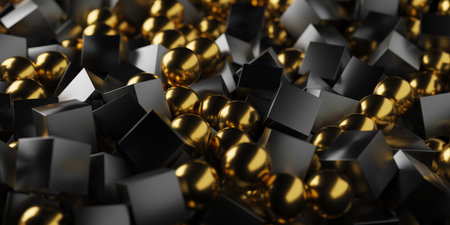 Abstract golden spheres and dark cubes on black background. Abstract geometric wallpaper3d renderingの写真素材