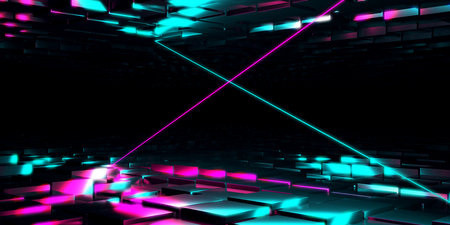 Geometric mock up design glowing neon lights.. Exhibition background. 3d renderingの写真素材