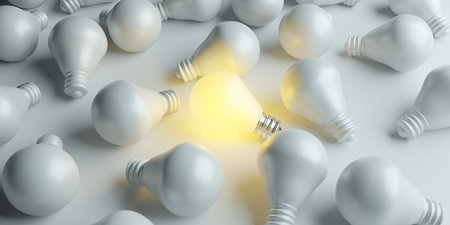 Illuminated light bulb standing Out in Crowd. Creative idea and inspire innovation. 3d renderingの写真素材