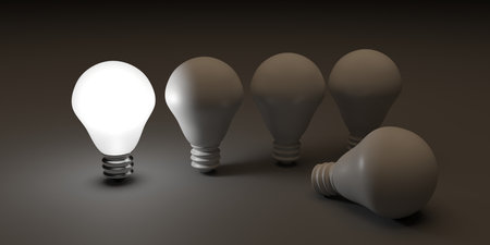 Illuminated light bulb standing Out in Crowd. Creative idea and inspire innovation. 3d renderingの写真素材