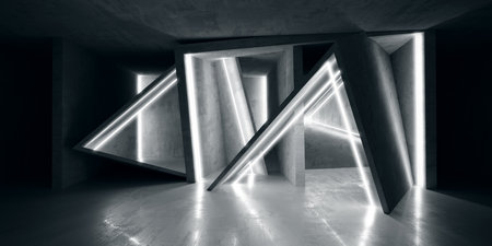 Abstract empty dark concrete interior with glowing lines neon lights. 3d renderingの写真素材