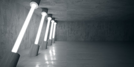 Neon and neon beams in the dark room. Futuristic Sci Fi glowing lights. 3d renderingの写真素材