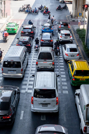 Bangkok-Thailand February 25 2024: Traffic jam on Bangkok street. Rush hours. Urban landscape in the daytimeのeditorial素材