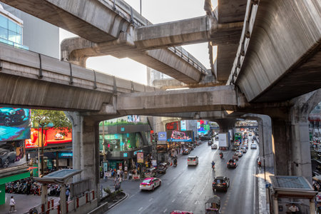 Bangkok-Thailand February 25 2024: Traffic jam on Bangkok street. Rush hours. Urban landscape in the daytimeのeditorial素材