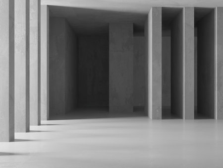 Concrete room with abstract interior. Open space. Industrial background template. 3d renderingの写真素材