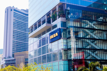 BANGKOK, THAILAND - February 25, 2024. Logo of IKEA furniture store in Bangkok. World's largest...