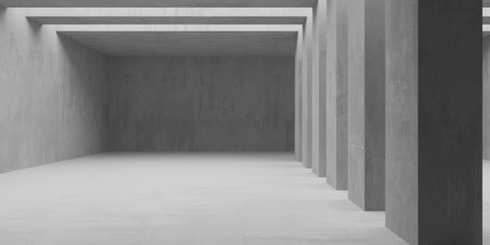 Concrete room with abstract interior. Open space. Industrial background template. 3d renderingの写真素材