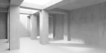 Concrete room with abstract interior. Open space. Industrial background template. 3d renderingの写真素材