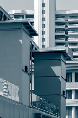 Exterior of a commercial building. Modern design details. Abstract urban backgroundの写真素材