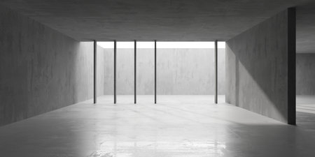 Concrete room with abstract interior. Open space. Industrial background template. 3d renderingの写真素材