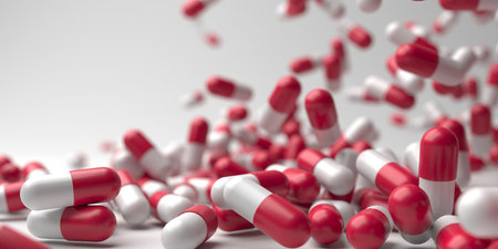 Bunch of medical pill tablets. Capsule pills. Pharmaceutical concept background. 3d renderingの写真素材