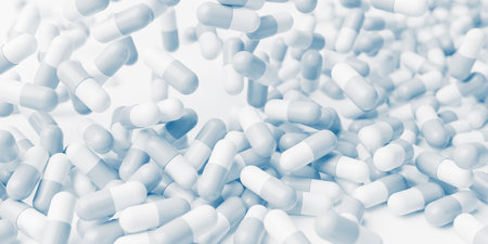 White blue pills close up. Development medicine and pharmacology. Medical treatment, presciption...